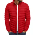Close-up of a red men's lightweight quilted jacket with stand collar and zipper. - S / Tops / Red
