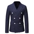 Professional front view detail of men's navy blue pinstripe double-breasted blazer - M / Tops / Navy Blue