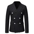 Men's black pinstripe double-breasted suit jacket with white buttons and peak lapel - Black