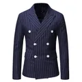 Men's navy blue pinstripe double-breasted blazer with white buttons and peak lapel - Navy Blue