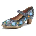 Vintage-Mary Jane-Pumps mit Stickerei und Blockabsatz mit bunten Blumenmustern - 37 / Grau