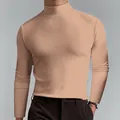 Close-up of a men's slim-fit long-sleeve turtleneck t-shirt in a solid light brown color. - Light Khaki