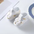 White infant soft-sole shoes with gold butterflies and lace flower for 0-1 year old babies. - Size 12 (Inner Length 11CM) / Pearl Bow - White