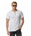 Classic white men's linen Henley shirt with V-neck, wooden buttons and short sleeves - S / Tops / White