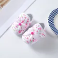 Soft sole newborn baby shoes with pink floral pattern and decorative mesh bow detail - Size 12 (Inner Length 11CM) / Flower Stamen Bow-Small Pink Flower