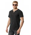 Detail of men's black linen cotton Henley t-shirt featuring three wooden buttons - S / Tops / Black