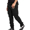 Vue détaillée montrant les poches latérales et la coupe droite du pantalon cargo noir. - Noir