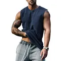 Gedetailleerd overzicht van een donkerblauw mouwloos Henley-vest voor heren met knopen - Marineblauw