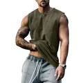 Detail van olijfgroene mouwloze Henley tanktop voor fitness en heren vrijetijd - Legergroen