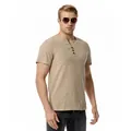 Stylish men's casual khaki linen short sleeve Henley T-shirt featuring V-neck and buttons - S / Tops / Khaki