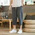 Men's Chinese style dark gray linen harem pants for summer casual wear daily outfit. - M / Bottoms / Gray