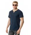 Men's navy blue cotton linen Henley shirt with short sleeves and V-neck placket - S / Tops / Navy Blue