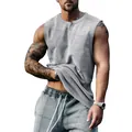 Mouwloos heren henley t-shirt voor de zomer, sportieve top in grijs gemêleerde stof - Lichtgrijs