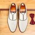 Elegant men's breathable beige perforated leather Oxford shoes for business dress - 37 / Off White