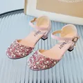Elegant pink sequin princess shoes for girls with faux pearl details and low block heel - 26 / Pink