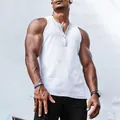 Mens white stretch ribbed muscle tank top with button henley collar for summer fitness - M / Tops / White