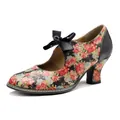 Macro view of vintage floral print pumps with a delicate black satin bow detail - 36 / Rainbow