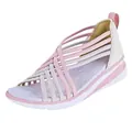 Vista lateral detallada de las sandalias de cuña con tiras cruzadas rosa y blanco - Rosa