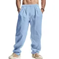 Casual light blue men's loose linen trousers featuring a drawstring elastic waist detail - S / Bottoms / Light Blue