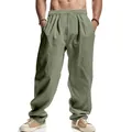 Loose men's sage green linen wide-leg casual beach pants with drawstring waist - Army Green