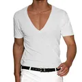 Vue détaillée d'un t-shirt blanc à col en V pour homme, coupe ajustée, manches courtes - M / Top (23056) / Blanc