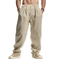 Detailed view of men's casual loose linen pants featuring a drawstring waist and wide-leg design. - Light Khaki