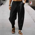 Detailansicht der atmungsaktiven schwarzen Baumwoll-Leinen-Hose für Herren im Sommer - Schwarz