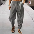 Lockere graue Herren-Freizeithose aus Baumwolle und Leinen mit Kordelzug und Taschen - Dunkelgrau