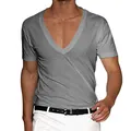 Detailed view of a men's casual deep V-neck short sleeve cotton T-shirt in gray. - Light Gray