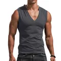 Detailed view of a fitted grey V-neck sleeveless T-shirt on a muscular male model - Dark Gray