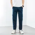 Men's loose straight-leg cargo pants with large side pockets in navy blue, outdoor casual style - Dark Blue