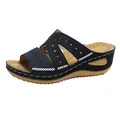 Sandales compensées noires brodées avec bout ouvert, surpiqûres et plateforme - 35 / Noir