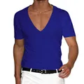 Men's deep V-neck solid royal blue casual short sleeve t-shirt detailed close-up view - Sapphire Blue