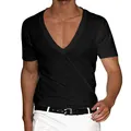 Detailed view of a men's classic deep V-neck short-sleeve T-shirt in solid black cotton - Black
