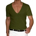 Detailed view of a slim fit men's deep V-neck short sleeve T-shirt in solid olive green color - Army Green