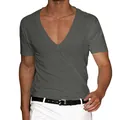 Detail view of men's deep V-neck short sleeve T-shirt in charcoal gray casual style - Carbon Gray