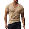 T-shirt homme col en V coupe ajustée manches courtes kaki couleur unie chic - Kaki