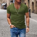 Close-up of olive green men's V-neck short sleeve T-shirt for casual wear - Army Green