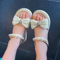 Cremeweiße Mädchen Prinzessin Sandalen mit Perlenriemen und Schleife - 25 / Beige