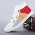 Stylish women's high-top canvas sneakers with colorful color-block and velcro straps - 35 / Off White
