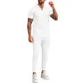 Full body shot of a male model wearing white waffle knit polo shirt and matching pants - M / Top And Bottom / White