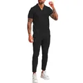 Men's black waffle knit polo shirt and trousers casual two-piece co-ord set outfit - M / Top And Bottom / Black