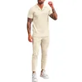 Casual wafelgebreide set voor heren met poloshirt en rechte broek in de kleur beige tint - Khaki