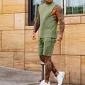 Side view detail of men's sleeveless olive green sports set with matching shorts - M / Top And Bottom / Green