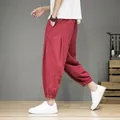 Men's loose cotton linen cropped lantern pants in red oriental casual style. - M / Red