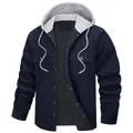Men's navy corduroy hooded jacket with quilted lining and multi-pockets - S / Tops / Navy Blue