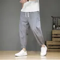 Light gray men's loose fit cotton linen lantern cropped pants for summer casual beach wear - M / Gray