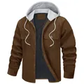 Men's brown corduroy hooded jacket with warm quilted lining and multi-pocket design - S / Tops / Brown
