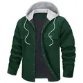 Men's dark green corduroy hooded jacket with warm quilted lining and multi-pockets. - S / Tops / Green