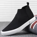Men's high-top black casual slip-on sneakers with breathable upper and white flat sole - 38 / Black and White